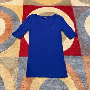 Polo Ralph Lauren Blue Elbow Sleeve V Neck Tee Shirt Top Women’s Petite Small
